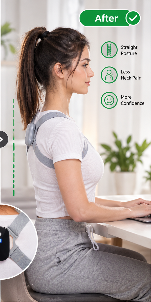 Before-and-after split-screen comparison showing a woman sitting at a desk with posture support bands around her lower back and lower back/neck area. The left side shows hunched posture with a red curved line and text noting hunched back, neck pain, and low confidence.